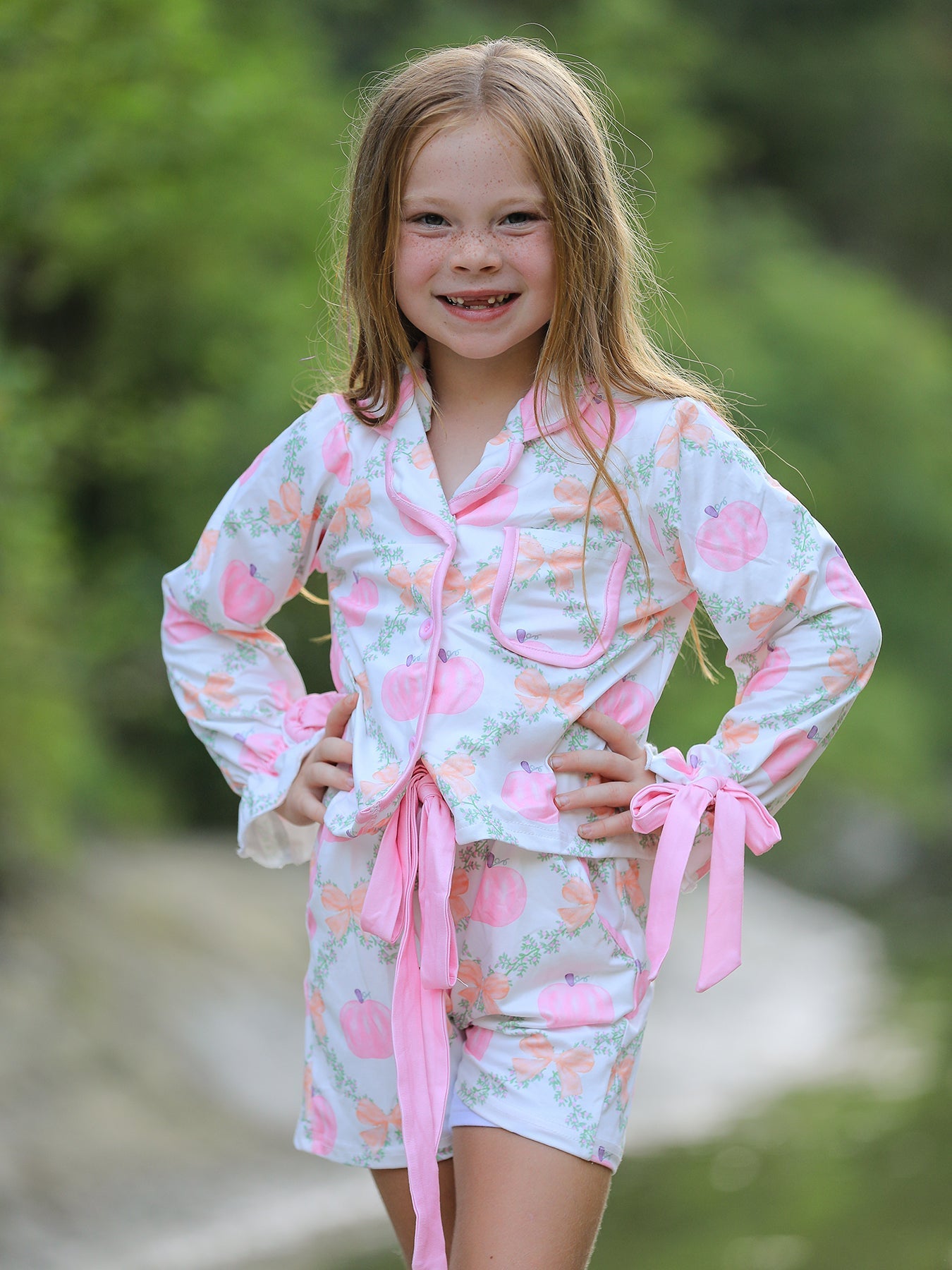 Mommy and Me Fall Halloween Pumpkin Floral Print Long Sleeve Top Shorts Girls Pajama Set