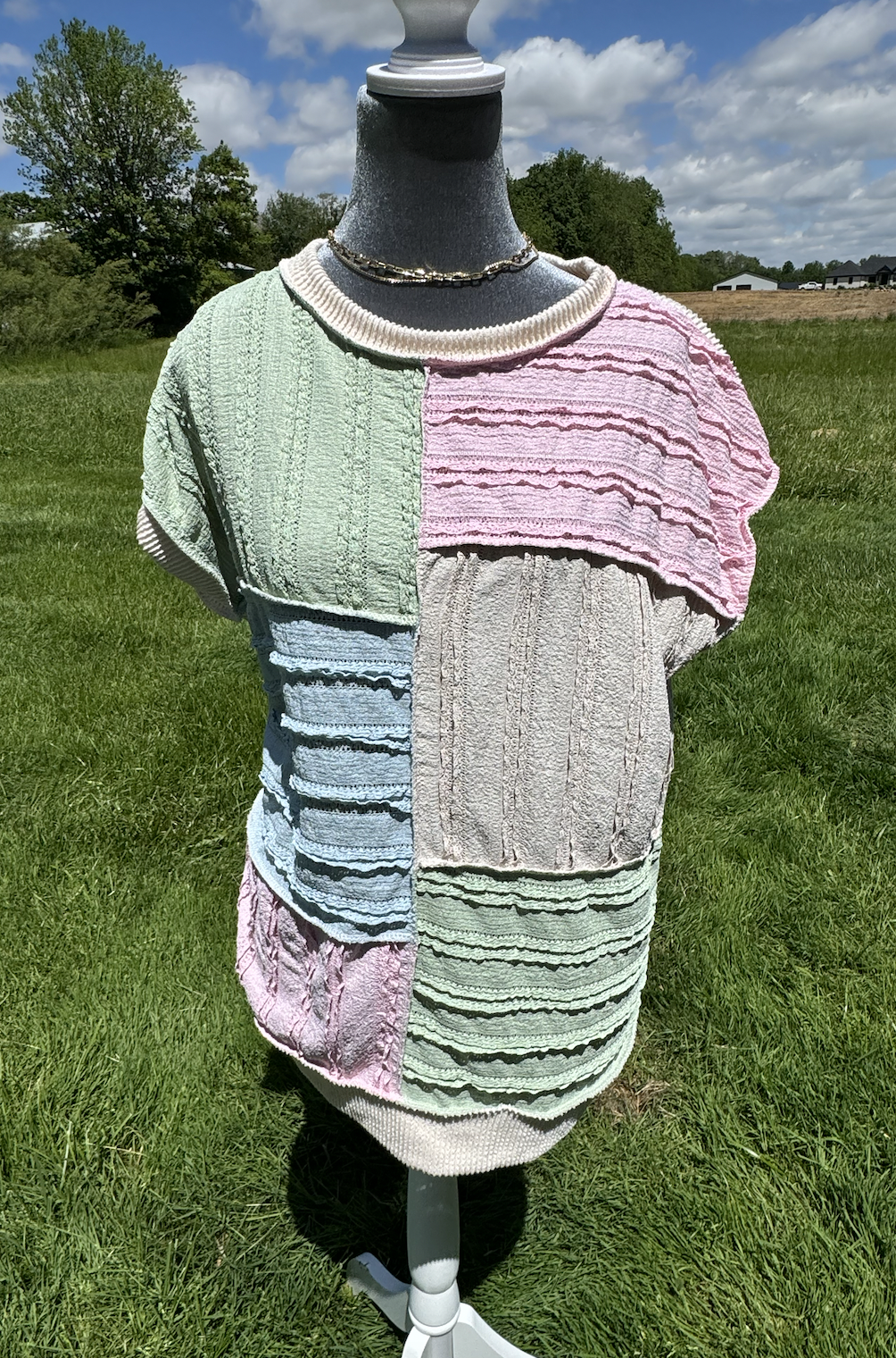 Color Block Textured Patchwork Short Sleeve