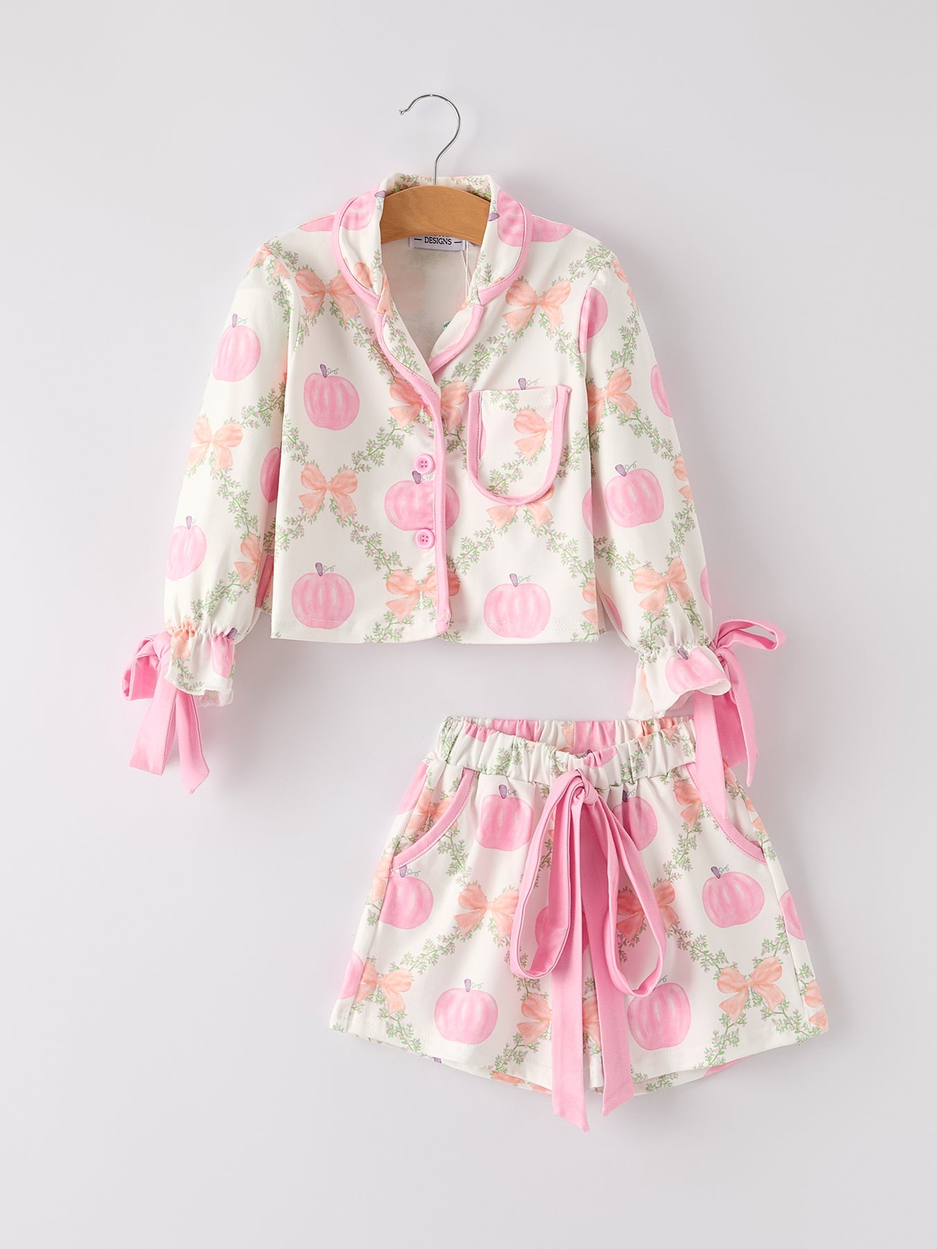 Mommy and Me Fall Halloween Pumpkin Floral Print Long Sleeve Top Shorts Girls Pajama Set