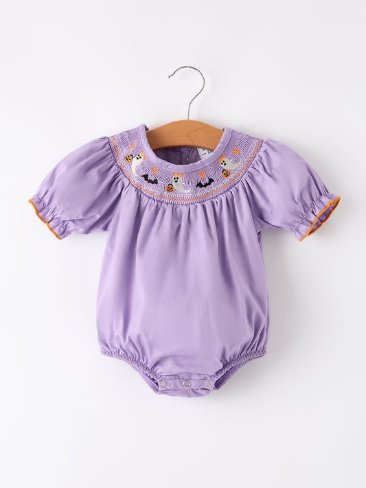 Purple Halloween Smock Embroidery Baby Girl Romper