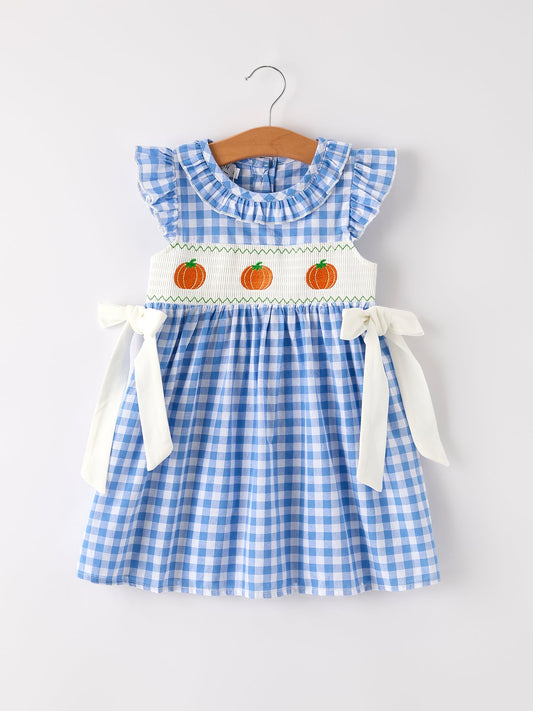 Fall Thanksgiving& Halloween Blue Pumpkin Smock Embroidery Baby Girl Dress