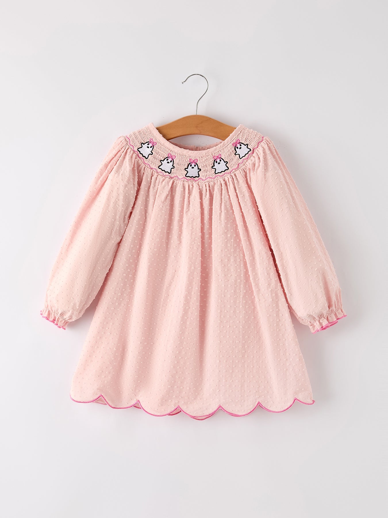 Autumn Halloween Light Pink Ghost Embroidery Smock Girl Dress