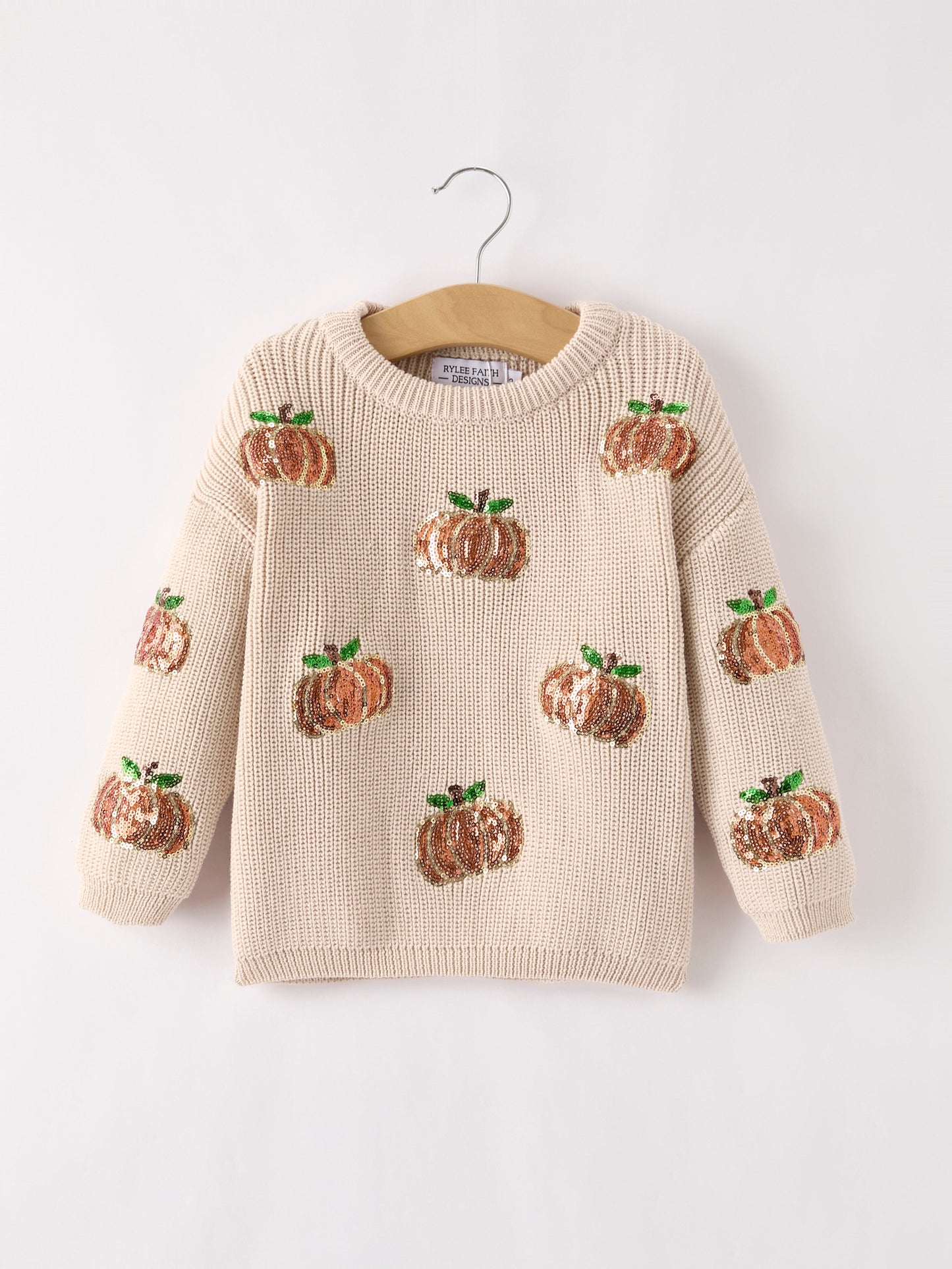 Thanksgiving Halloween Pumpkin Sequin Sweater – Beige, Perfect for Fall