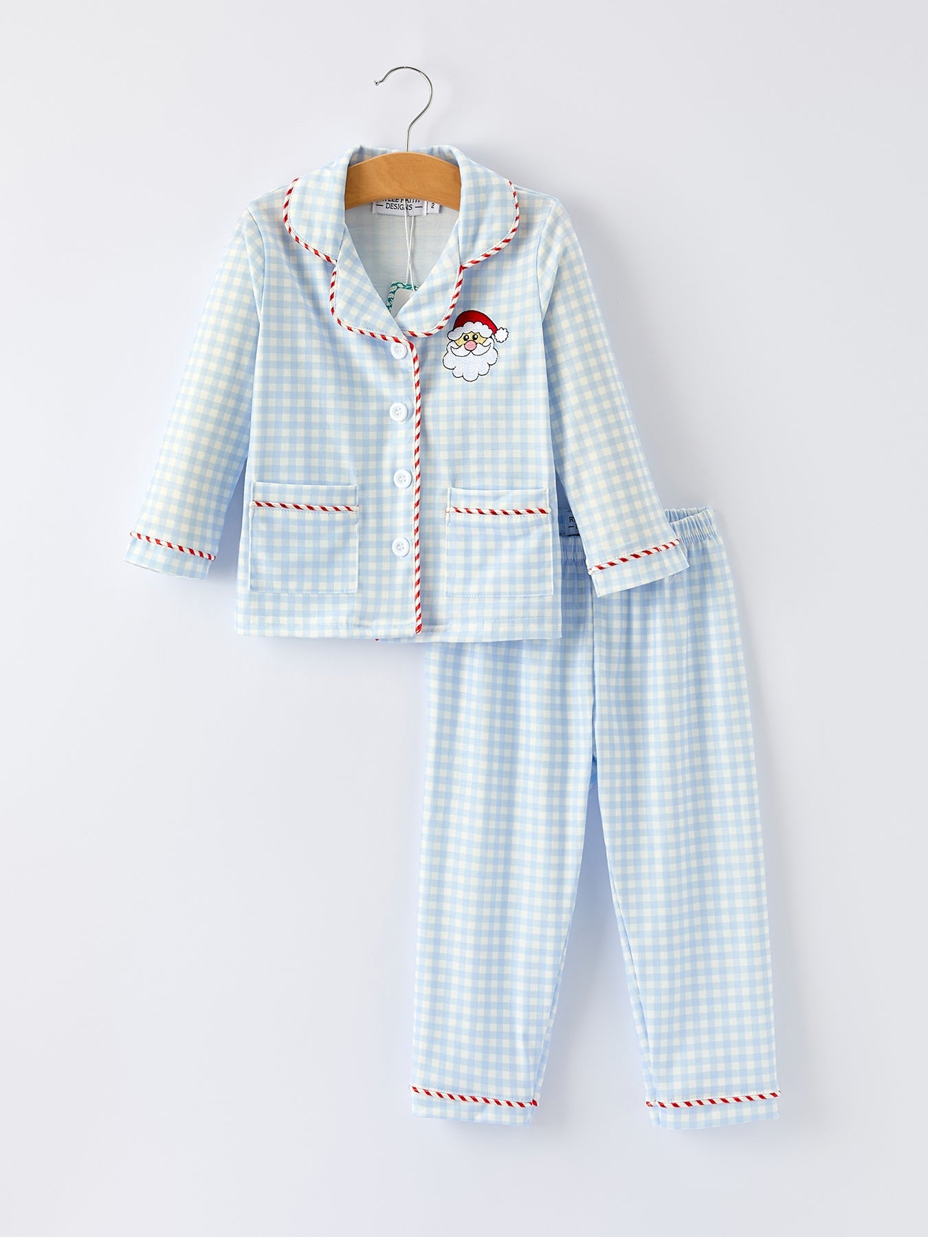 Blue Christmas Santa Embroidery Plaid Girls Pajamas Set