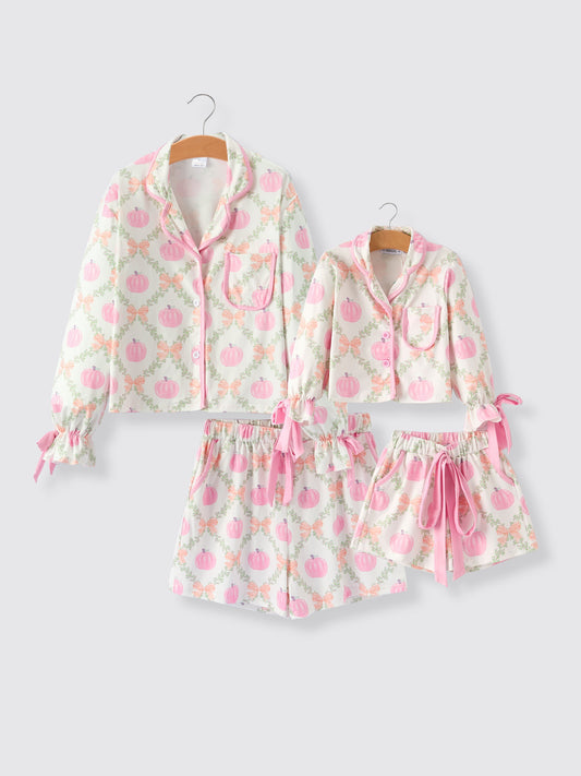 Mommy and Me Fall Halloween Pumpkin Floral Print Long Sleeve Top Shorts Girls Pajama Set