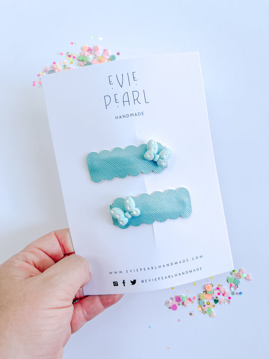 Blue Mouse Bows Pigtail Snap Clip Set