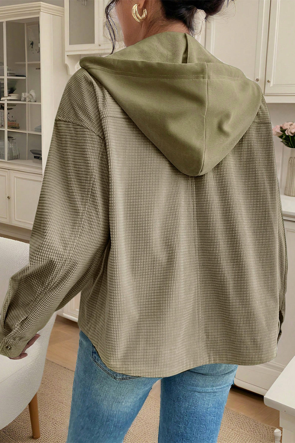 Textured Knit Pocketed Drawstring Hooded Jacket