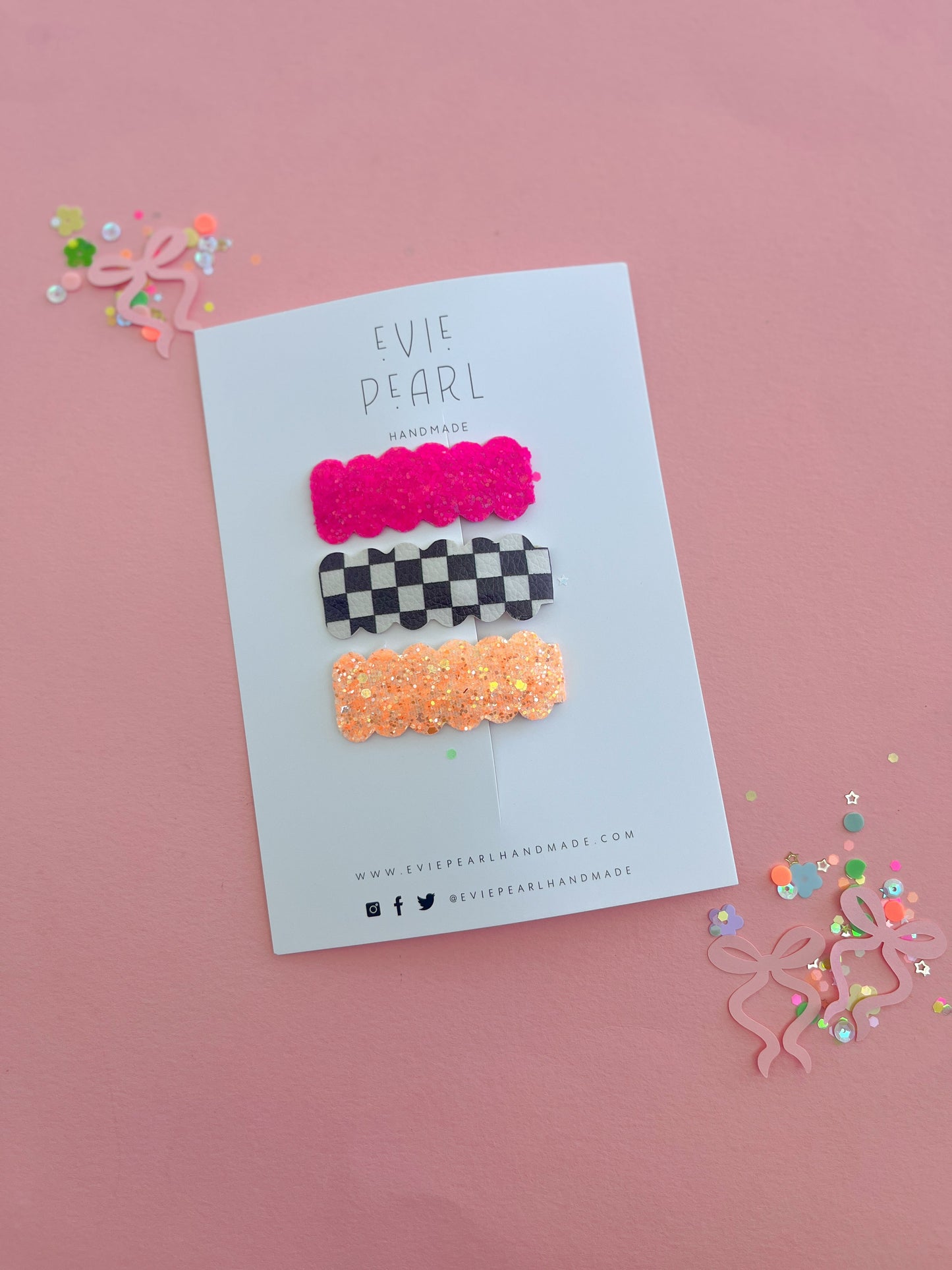 Flamingo Pink, Checkered & Orange Burst Snap Clip Set