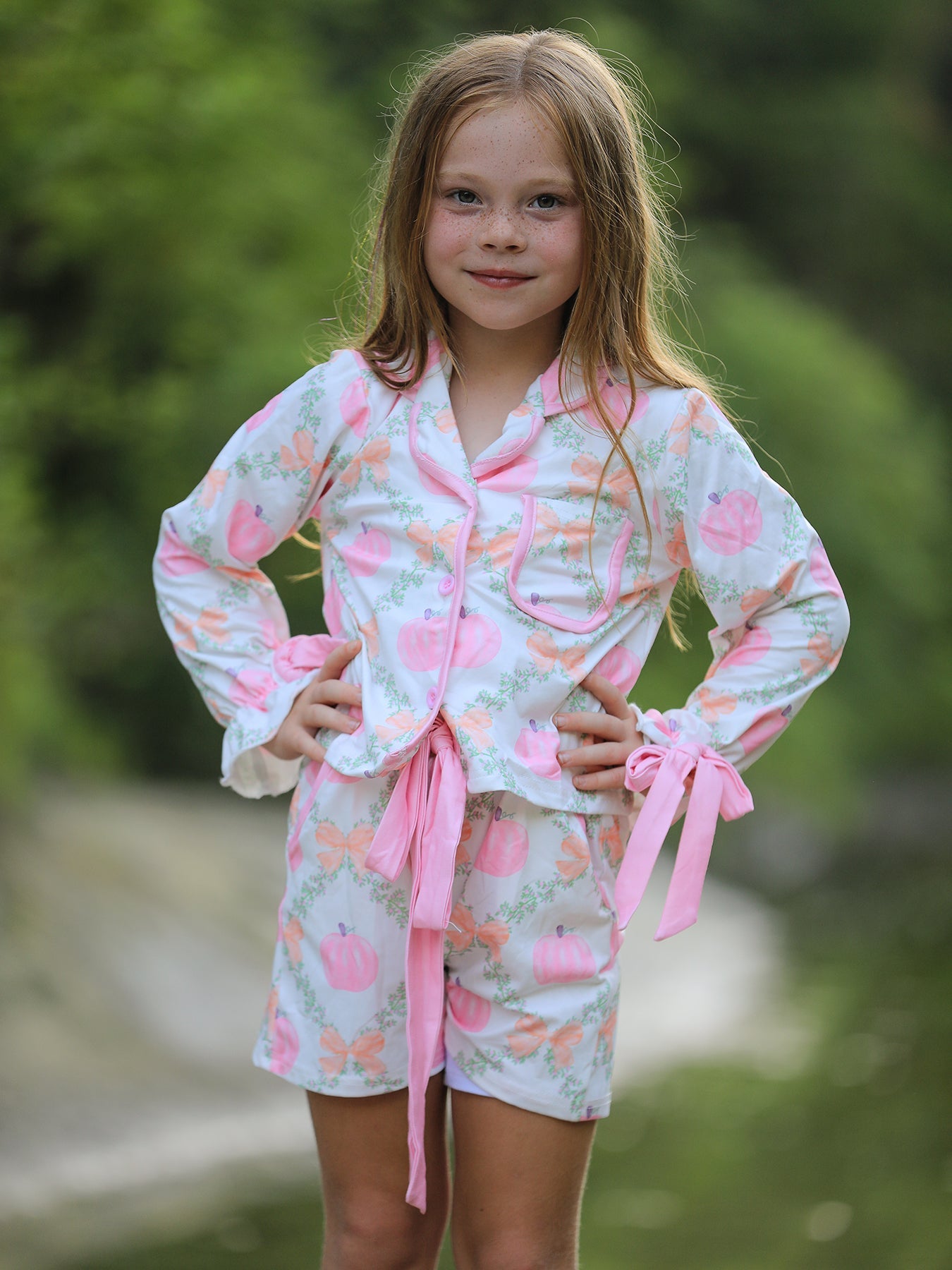 Mommy and Me Fall Halloween Pumpkin Floral Print Long Sleeve Top Shorts Girls Pajama Set