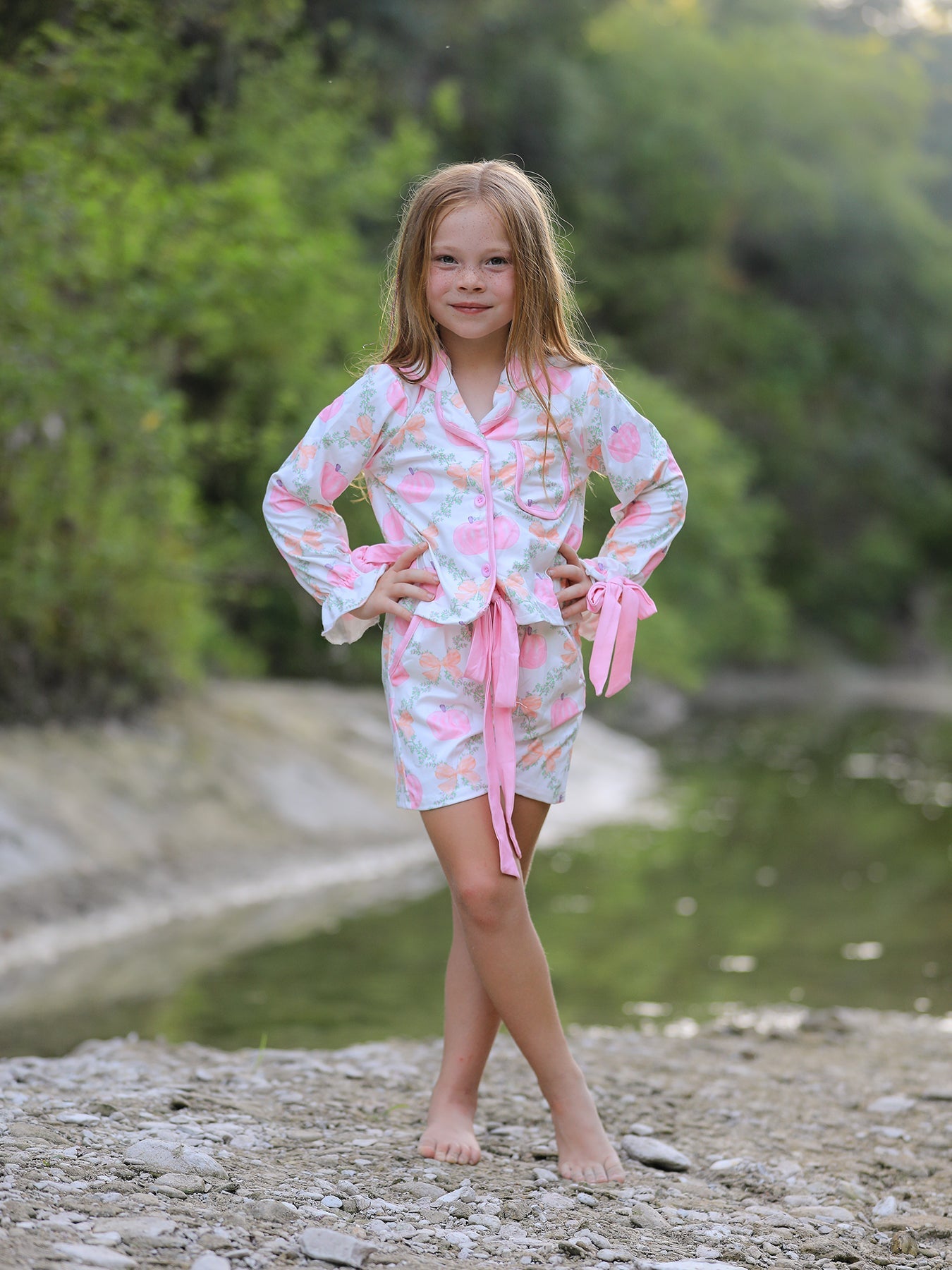 Mommy and Me Fall Halloween Pumpkin Floral Print Long Sleeve Top Shorts Girls Pajama Set