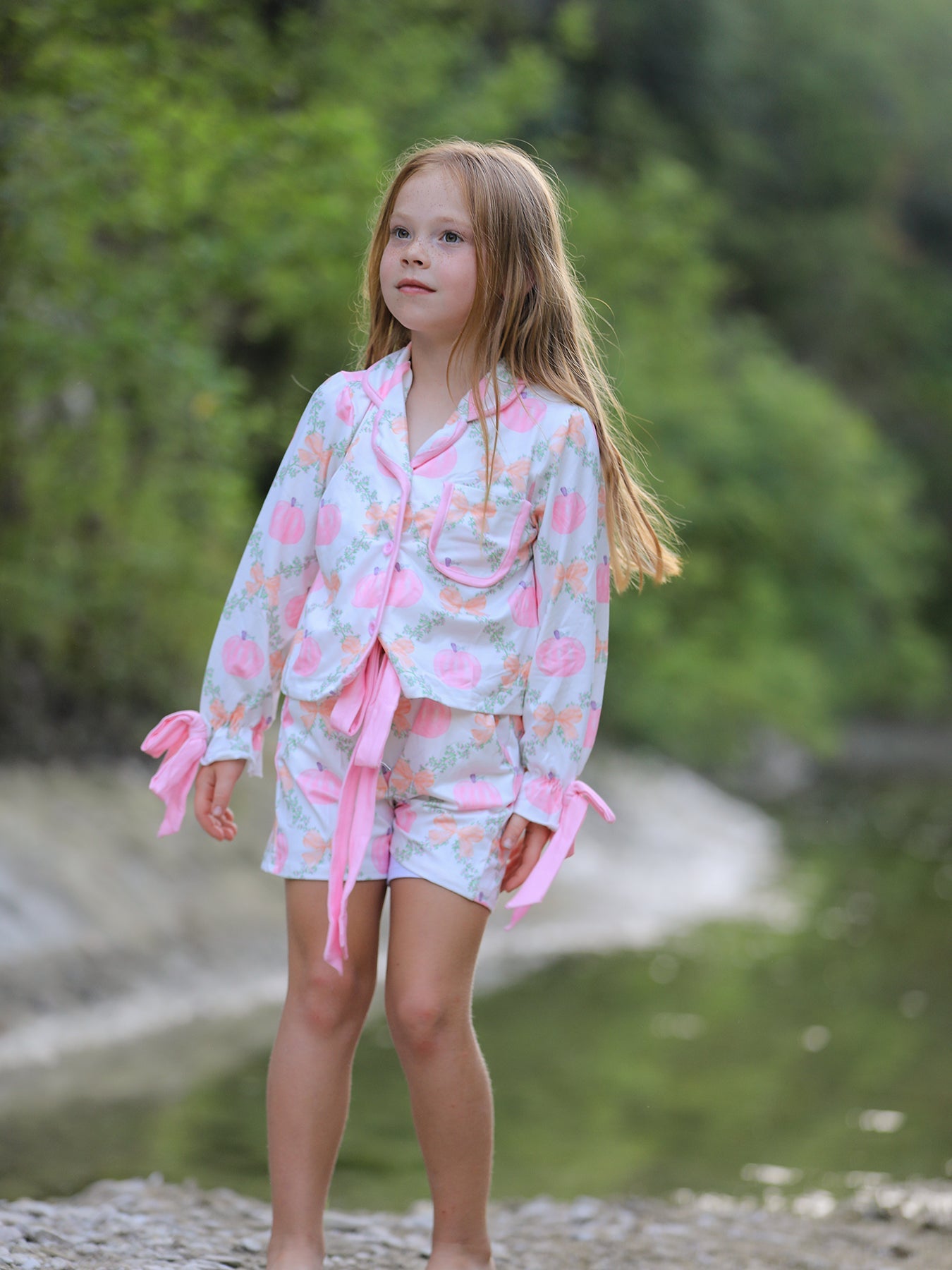 Mommy and Me Fall Halloween Pumpkin Floral Print Long Sleeve Top Shorts Girls Pajama Set