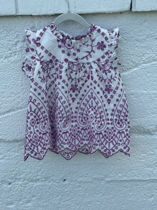 Eyelet Embroidered Ruffle Detail Scallop Hem Top