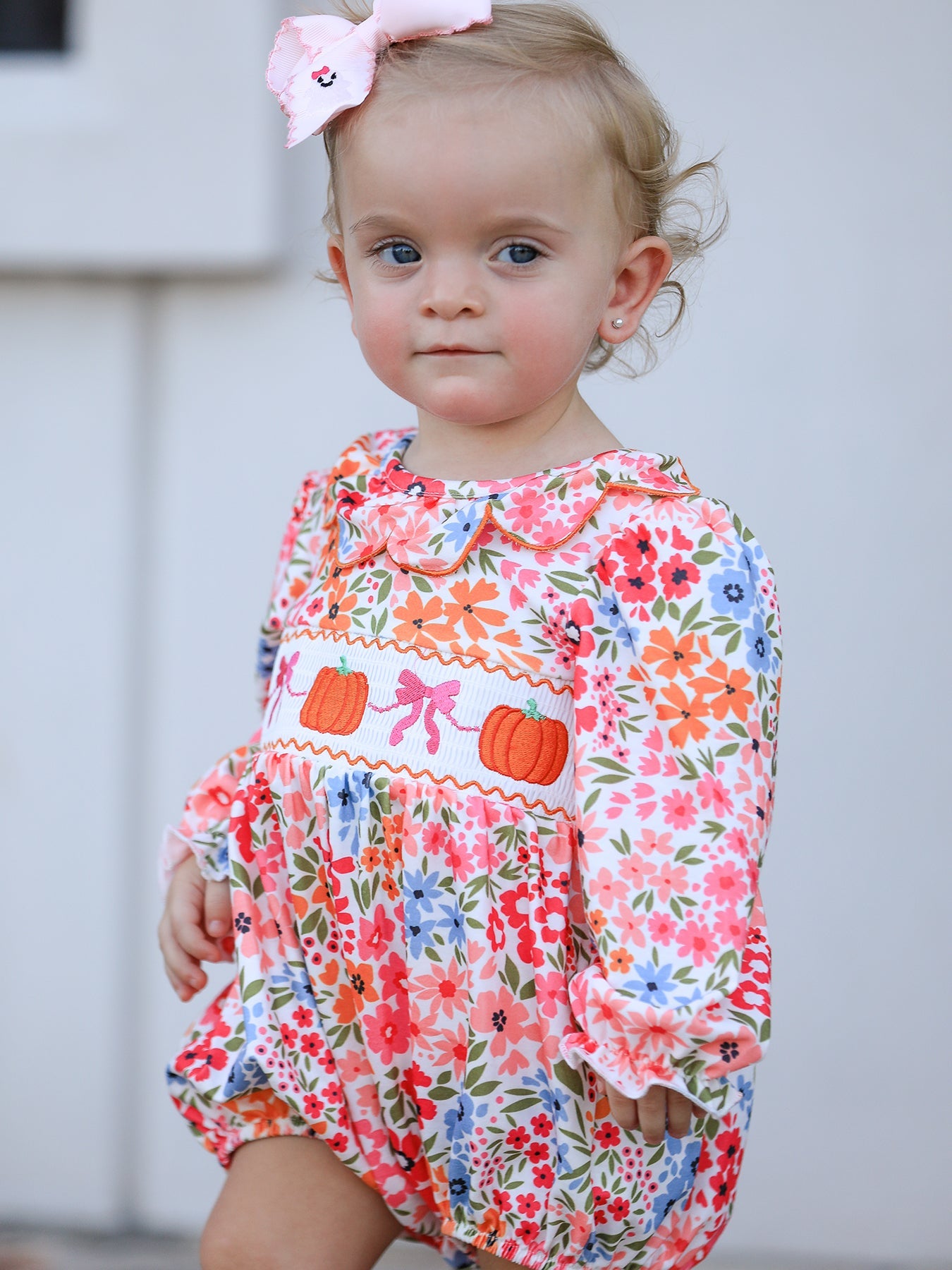 Fall Halloween & Thanksgiving Pumpkin Bow Smock Embroidered Floral Baby Girl Romper