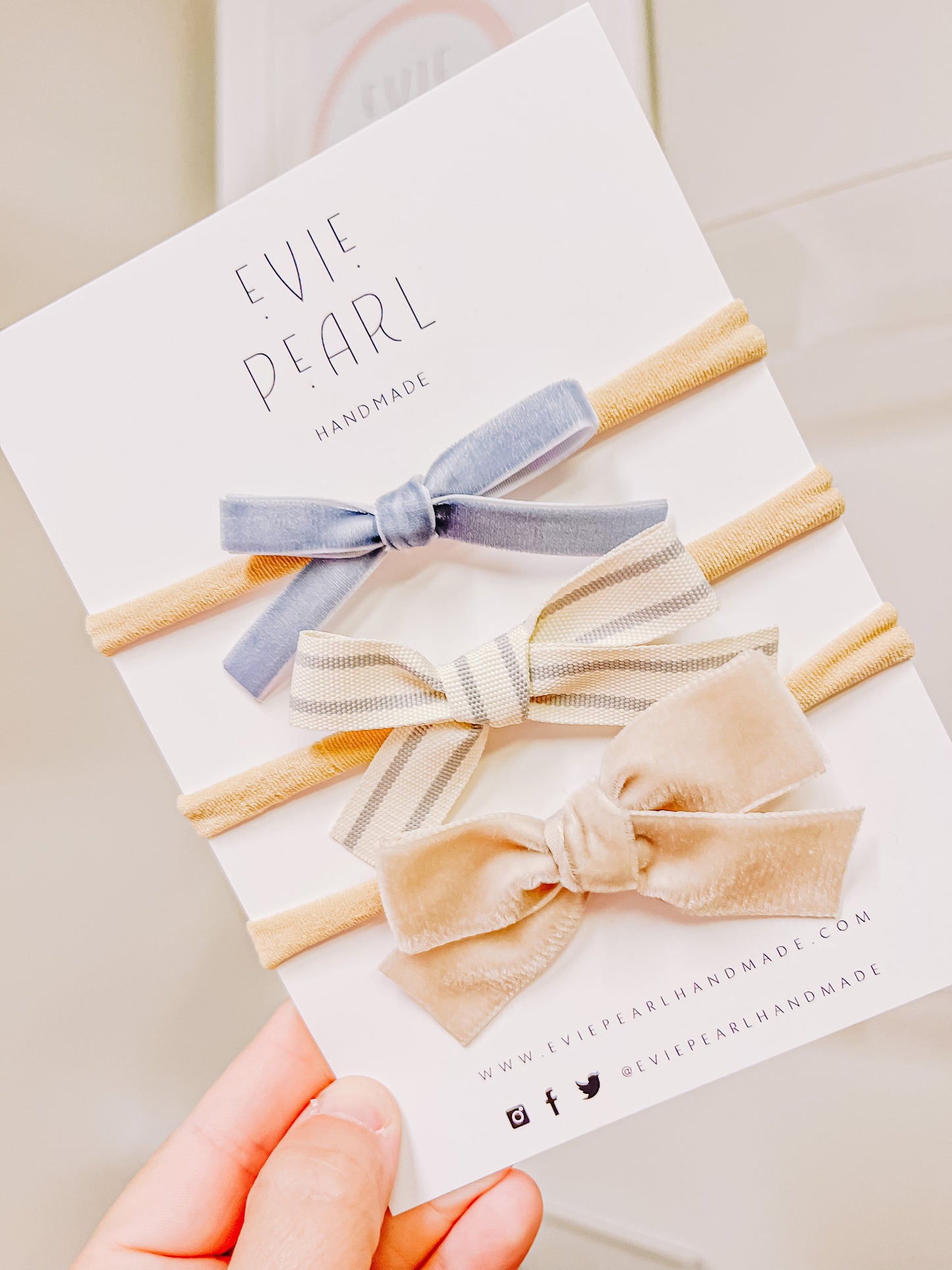 Newborn Baby Trio Headband Set- blue velvet, gray stripe and tan velvet