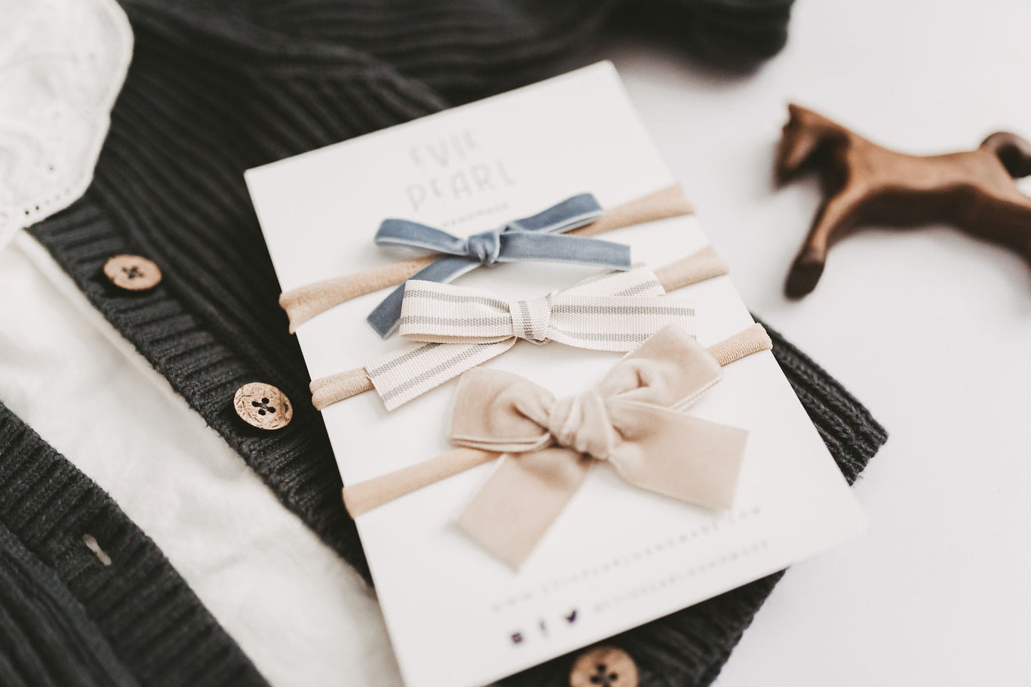 Newborn Baby Trio Headband Set- blue velvet, gray stripe and tan velvet