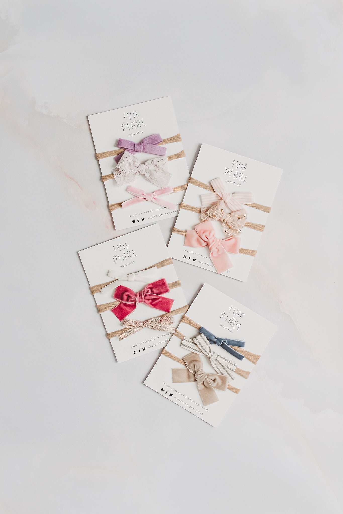 Newborn Baby Trio Headband Set- blue velvet, gray stripe and tan velvet