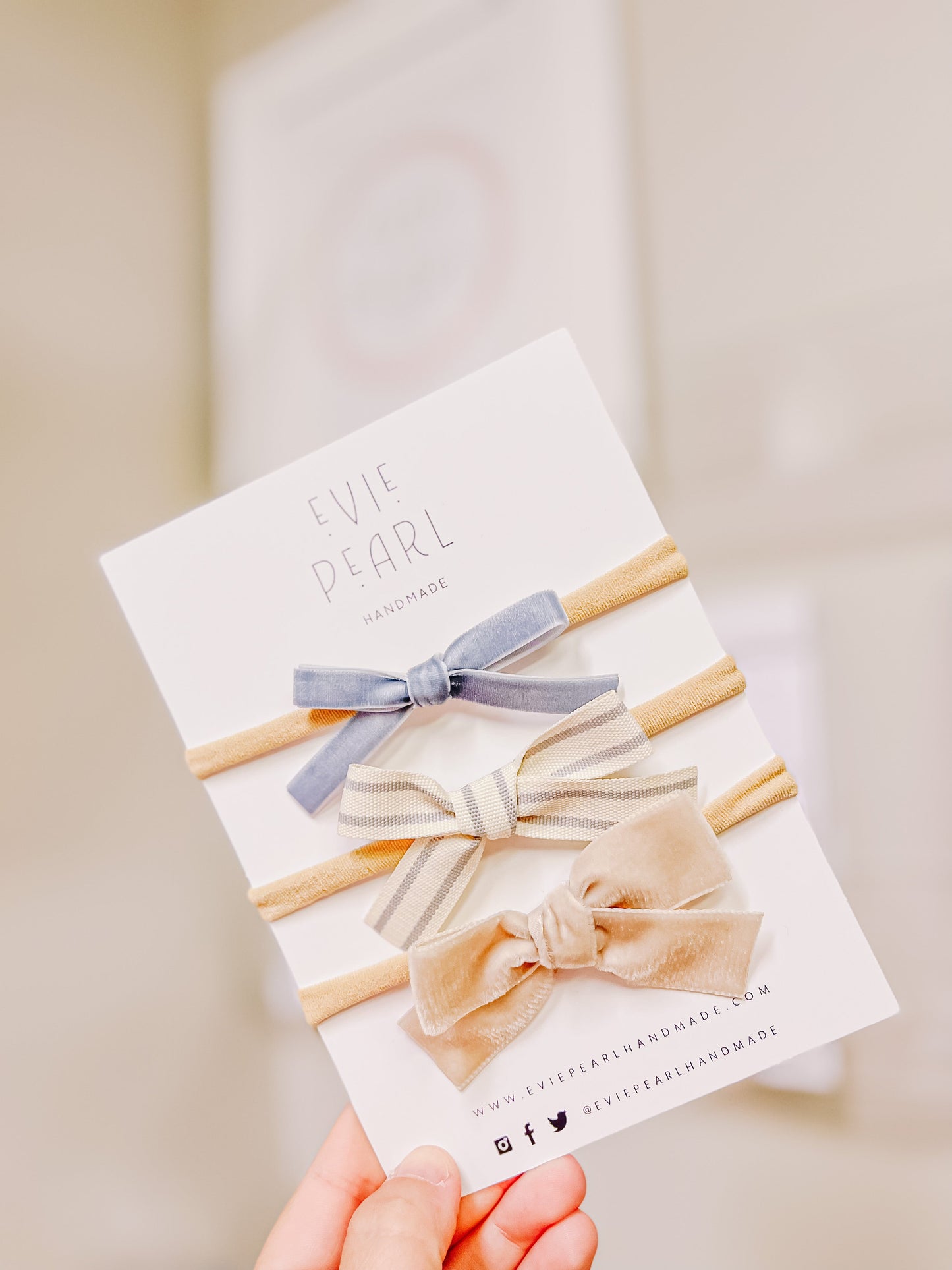 Newborn Baby Trio Headband Set- blue velvet, gray stripe and tan velvet