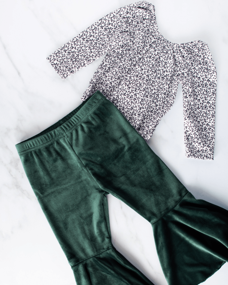 Lina Pleated Velour Bell Bottoms - Hunter