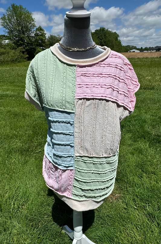 Color Block Textured Patchwork Short Sleeve